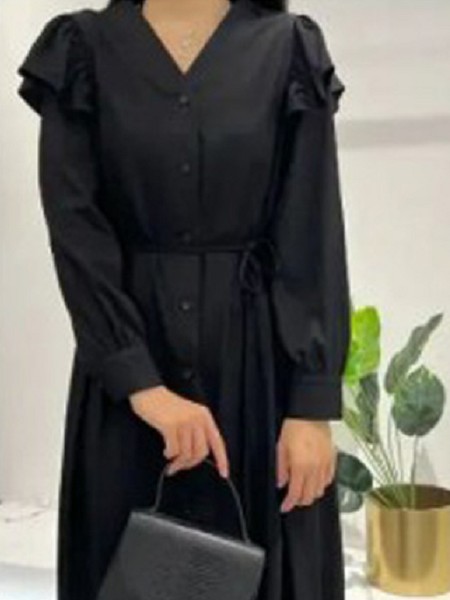 赫本家 - HEBENJIA女装品牌2022秋冬黑色显瘦系带收腰连衣裙