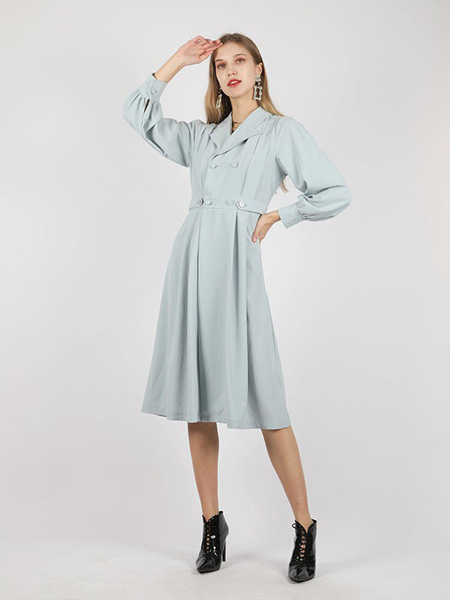 SASLAX莎斯萊思女裝品牌2022冬季藍色收腰連衣裙