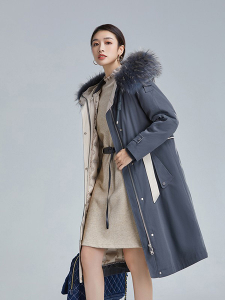 欧炫尔女装品牌2022冬季大毛领中长款派克服