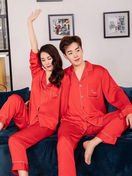 珍妮芬内衣品牌2022秋季红色冰丝舒适长袖睡衣