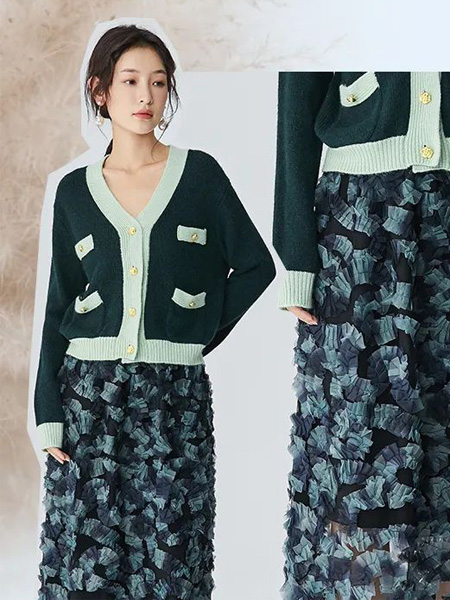 朗黛国际女装品牌2022秋冬绿色小香风针织外套