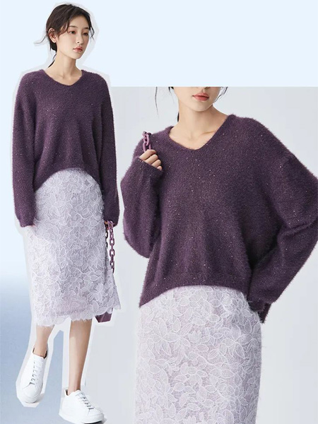 朗黛国际女装品牌2022秋冬慵懒韩系纯色羊绒针织衫