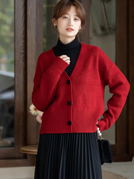 MIYU女装品牌2022秋冬红色复古V领针织衫