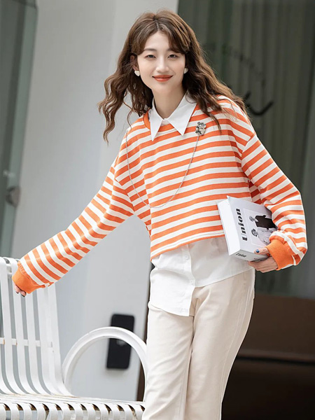 MIYU女装品牌2022秋冬橙白条纹复古时髦圆领针织