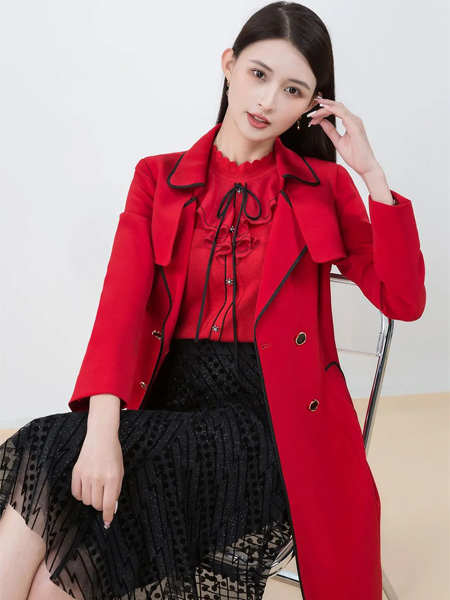 迪丝爱尔女装品牌2022秋冬红色经典时尚大衣