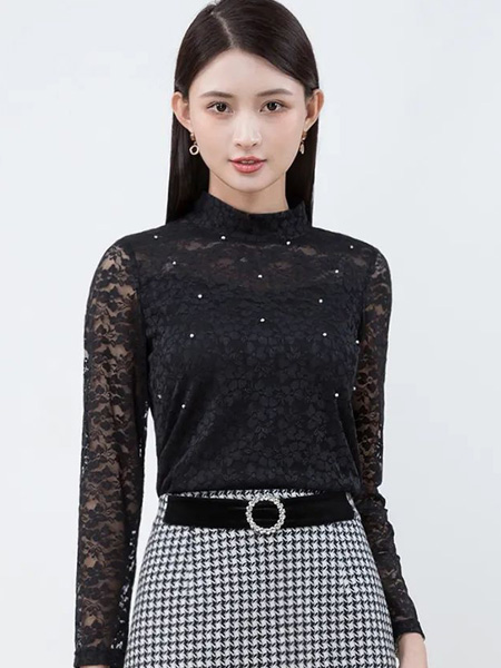 迪丝爱尔女装品牌2022秋冬黑色蕾丝修身套头衫