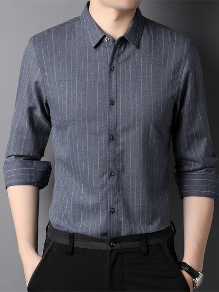 PLOVER(啄木鸟)男装品牌2022秋冬灰色前条纹衬衫