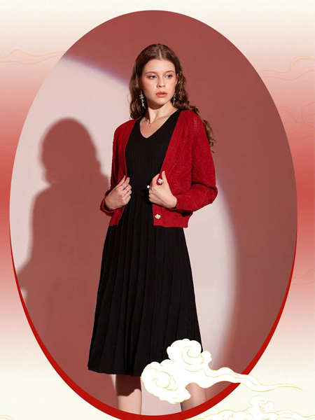 茵烁女装品牌2022秋冬红色纯色时尚针织外套
