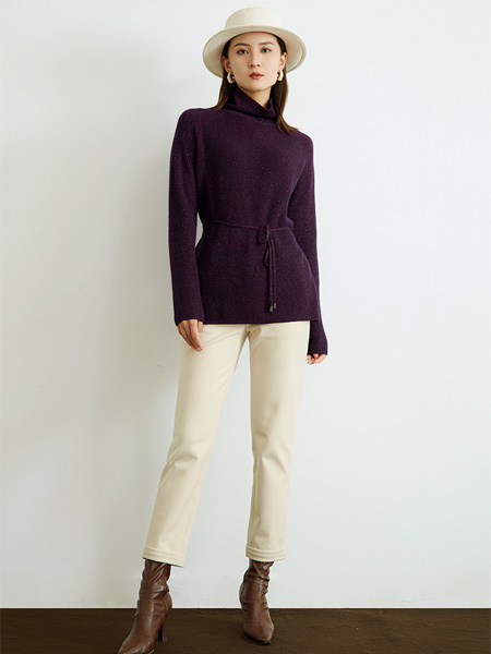 思慕缇女装品牌2022秋冬修身紫色立领针织衫