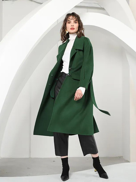 吉米赛欧女装品牌2022秋冬绿色长款气质大衣