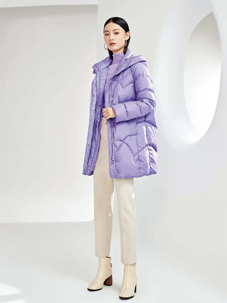 欧莎莉格女装品牌2022秋冬浅紫色中长款羽绒外套