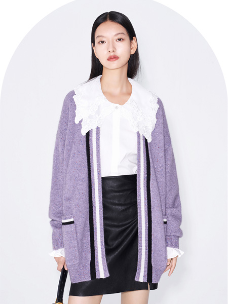 曼娅奴女装品牌2022秋冬紫色优雅宽松针织衫