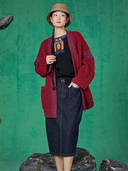 一城画一女装品牌2022秋冬红色韩版毛针织衫