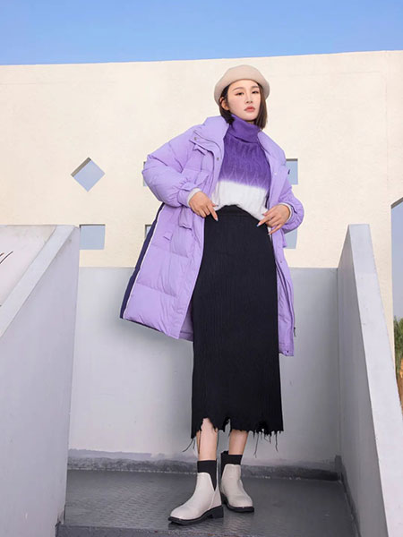 美丽穿女装品牌2022秋冬紫色韩版中长款羽绒服