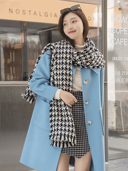 Jue&sue拉素女装品牌2022秋冬蓝色韩版毛呢外套