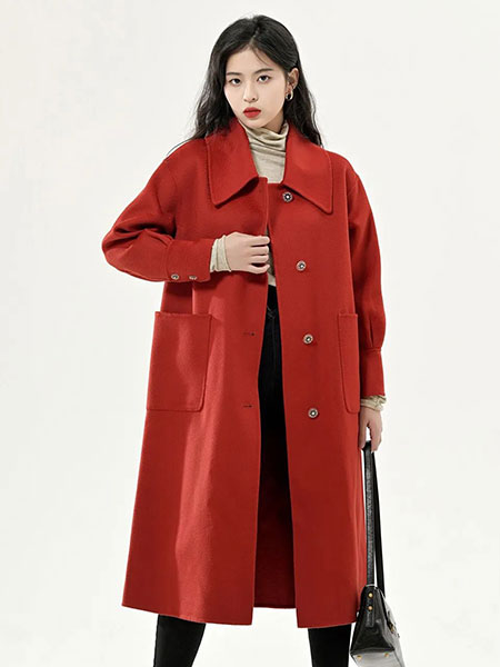 C3000女装品牌2022秋冬红色韩版毛呢外套