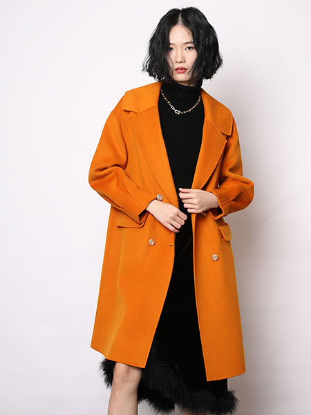 伊华·欧秀女装品牌2022秋冬橙黄色简约毛呢外套