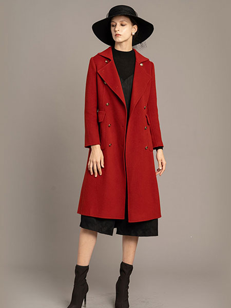 高斯雪岚女装品牌2022秋冬红色复古风中长款外套