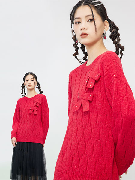 梵凯女装品牌2022秋冬红色中国风毛衣