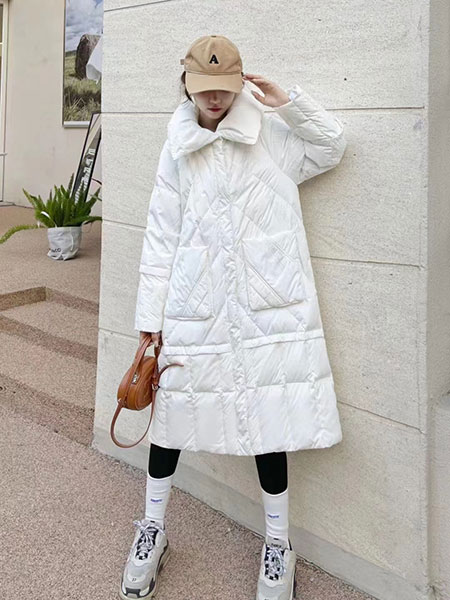 简诣女装品牌2022秋冬白色韩版中长款羽绒服