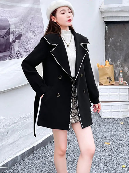 提图斯(TITSOO)女装品牌2022秋冬黑色优雅中长款外套