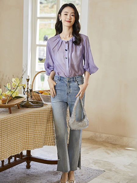约布女装品牌2023夏季紫色雪纺牛仔裤