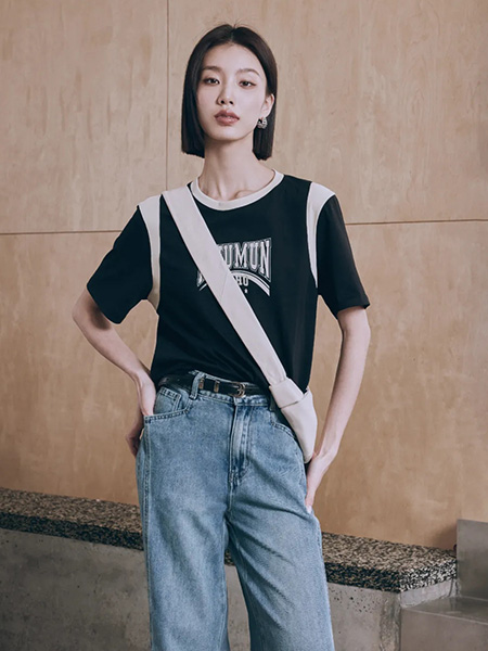 MuuMun echo女装品牌2024夏季黑色短袖休闲T恤