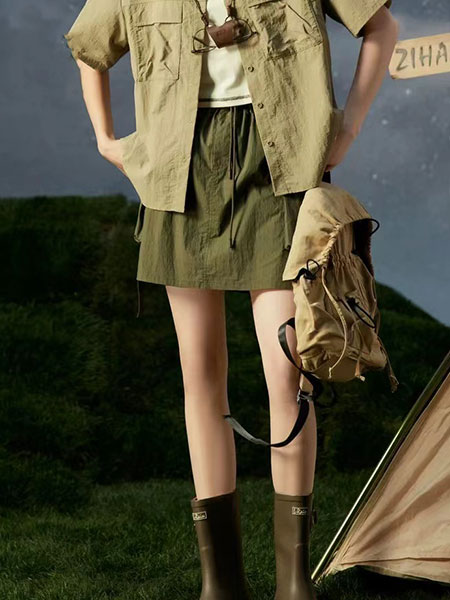 HALOHAPPY女装品牌2024夏季新款户外显瘦遮胯直筒高腰抽绳短裙
