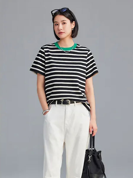 云上生活女装品牌2024夏季韩版休闲短袖条纹T恤