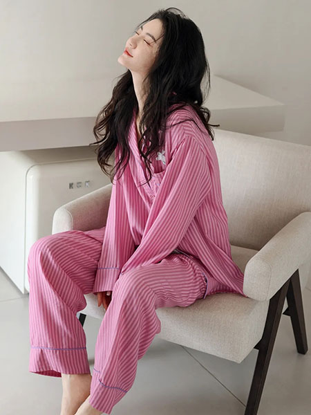 贝妍内衣品牌2024夏季柔软棉长袖甜美条纹开衫套装