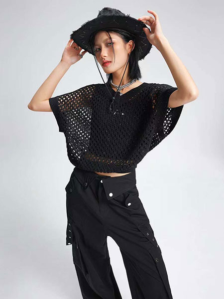 拓谷原创设计师潮牌女装品牌2024夏季潮流V领镂空针织衫女短袖上衣