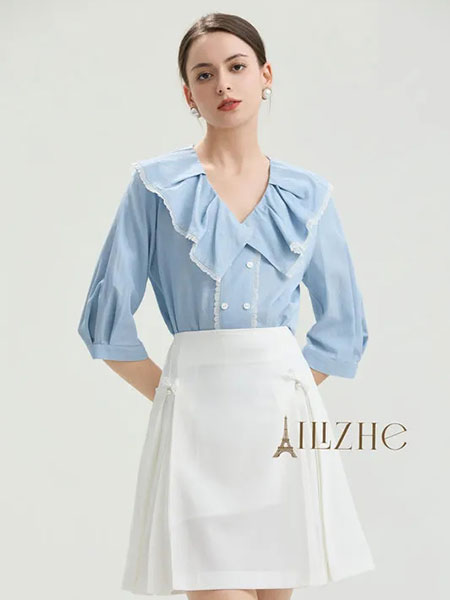 艾丽哲女装品牌2024夏季欧美优雅荷叶领小衫通勤风时尚简约上衣