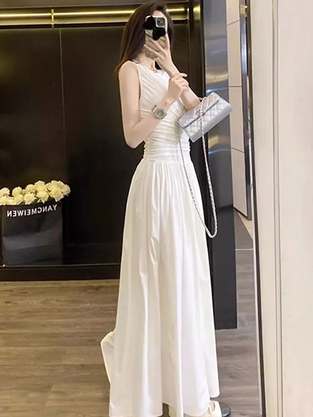 皮猫女装品牌2024夏季法式气质高级感白色无袖海边度假长裙