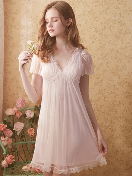 Rose Tree内衣品牌公主风睡裙女款夏季短袖小个子蕾丝性感睡衣带胸垫夏天