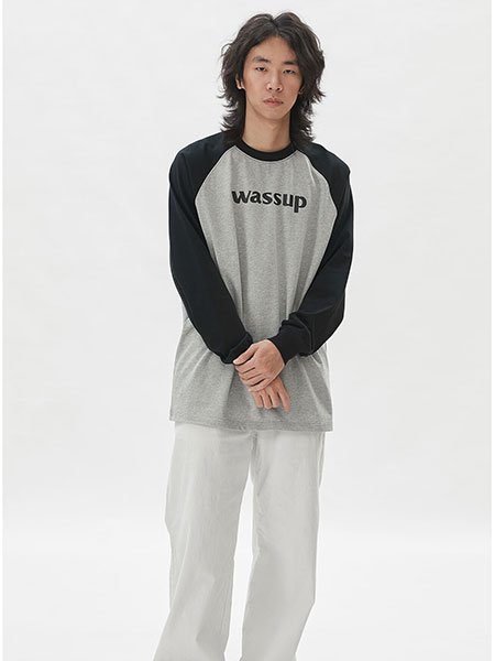 WASSUP运动品牌2024春夏简约品牌印花 插肩袖长袖T恤潮牌 休闲宽松男女装情侣