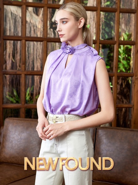 纽方女装品牌2024夏季新品紫色无袖气质款优雅性感雪纺