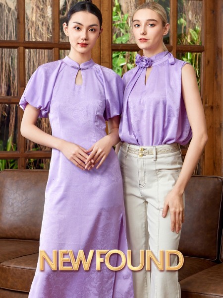 纽方女装品牌2024夏季新品紫色雪纺气质款优雅性感