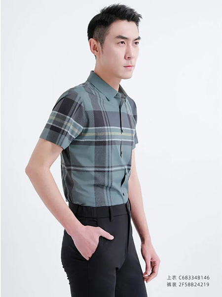 百圆裤业男装品牌2024夏季条纹撞色短袖衬衫T恤